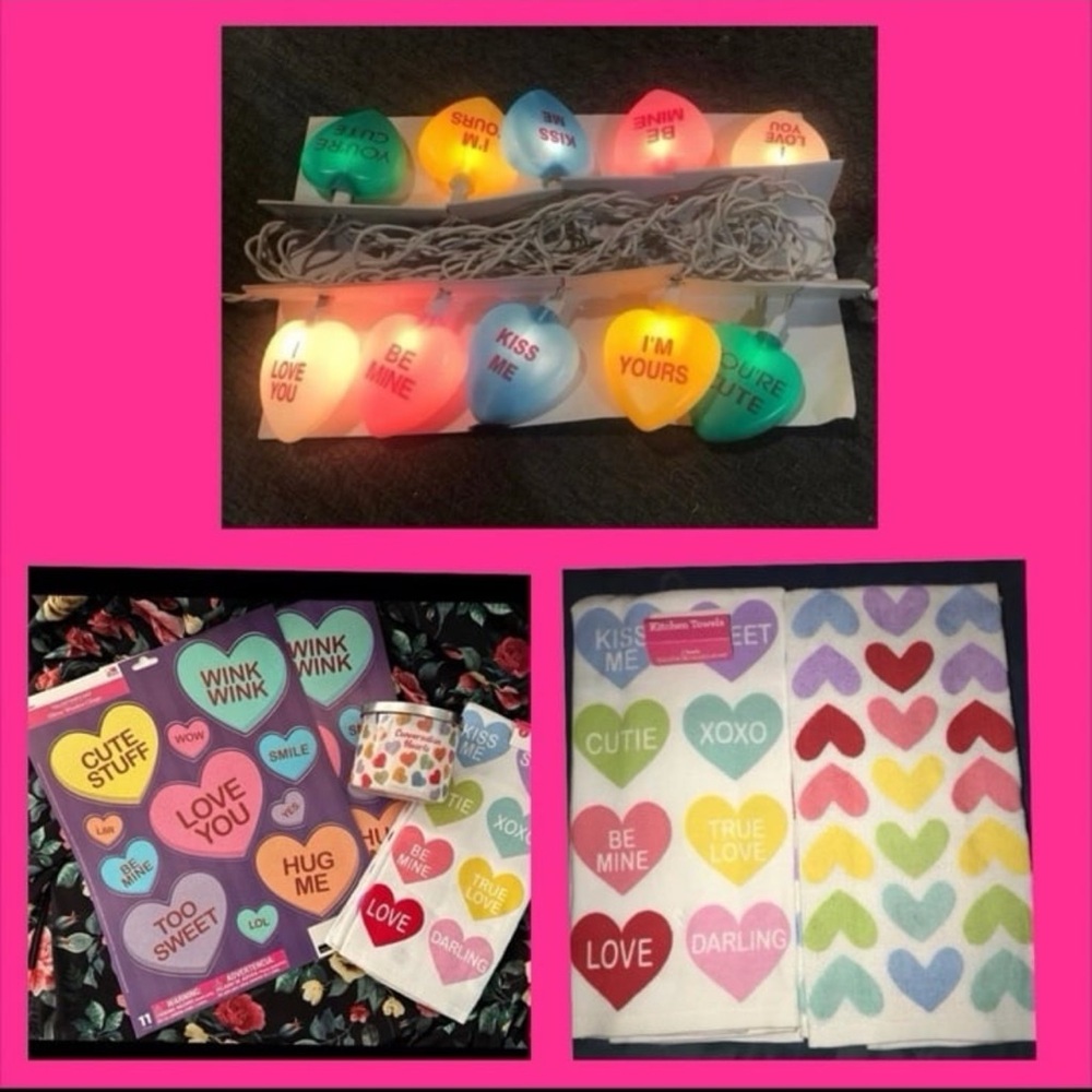 Vintage Conversation Heart string lights, soy candle, clings, & hand towel LOT